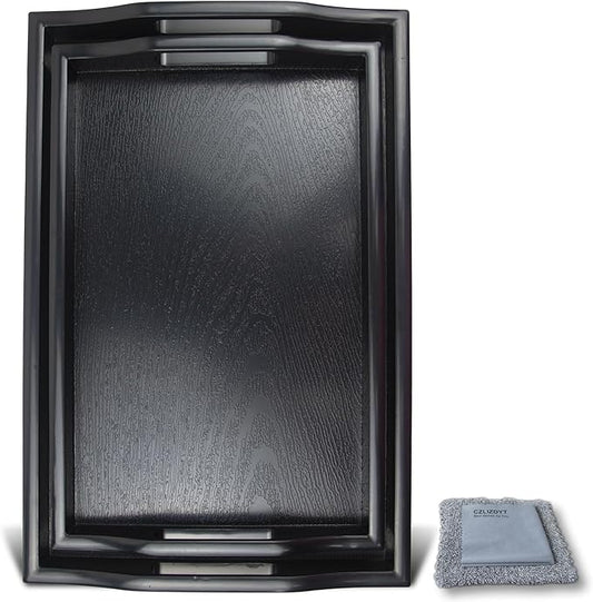 Large Black Plastic Serving Tray with Handles, Set of 2, 19+16.5'', Dishwasher Safe, Stylish, Sturdy, Shatterproof, Napkin and Cleaning Clothes Included