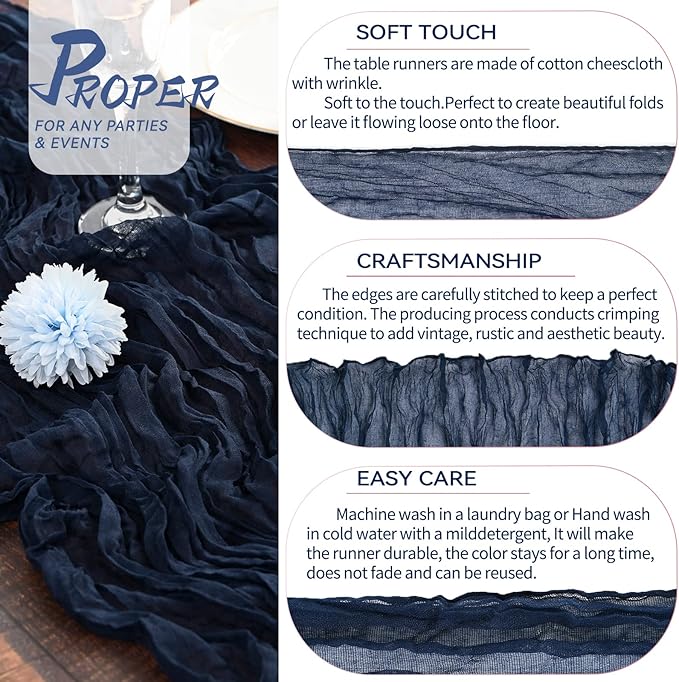 10 Packs Cheesecloth Table Runner Navy Blue, 35x120 inch Dark Blue Rustic Gauze Boho Wedding Table Runner Decoration, Wedding Table Decor Table Cloth for Wedding Party Bridal Shower Table