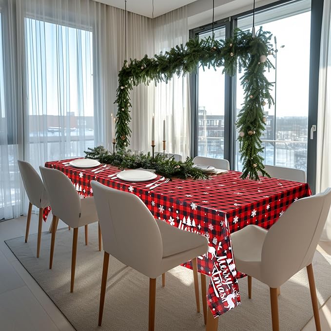 Mornajina 4 Pack 108 x 54 Inch Buffalo Plaid Plastic Tablecloths Rectangle Disposable Xmas Tablecloths Christmas Table Cover for Christmas Party Decoration