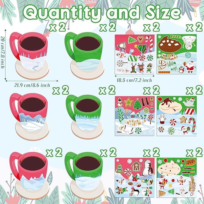 CY2SIDE 12 Set Christmas Hot Cocoa Cup Scene Sticker Art Craft for Kids, Make A Cocoa Cup Scene with Candy Sticker, DIY Xmas Party Games for School Classroom Activities