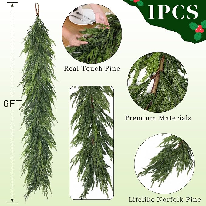 Real Touch Christmas Norfolk Pine Garland - 6ft Artificial Christmas Garland Fake Pine Needles Faux Green Garland for Fireplace,Table,Window,Stairs,Mante,Holiday Indoor Outdoor Xmas Decor(1PCS)