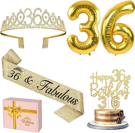 36th Birthday Decorations for Women Gold with 36th Birthday Sash and Tiara, Cake Topper and Candles, Number Balloons, 36 Year Old Gifts for Women