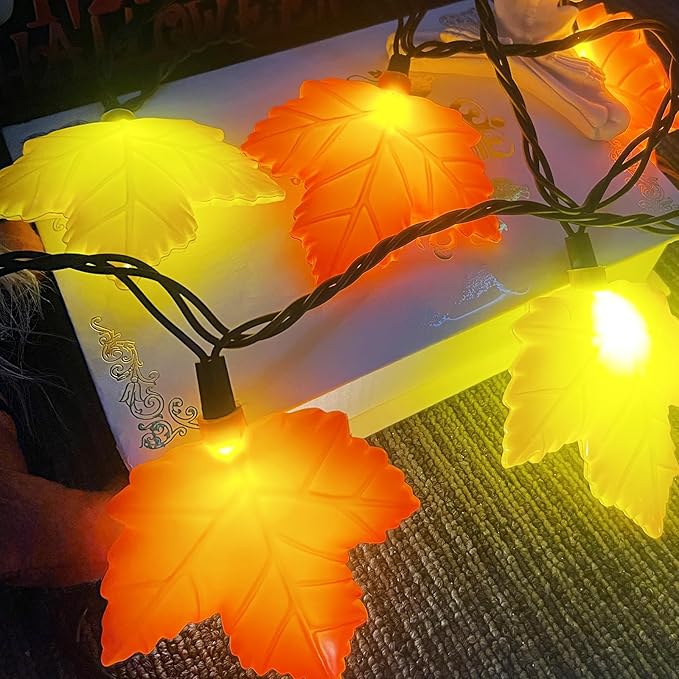Abeja Fall Maple Leaf Lights, 8.5FT LED Leaf String Lights with 10 3D Orange Yellow Leaves, Indoor Outdoor Fall Lights for Bedroom Thanksgiving Party Garden Patio