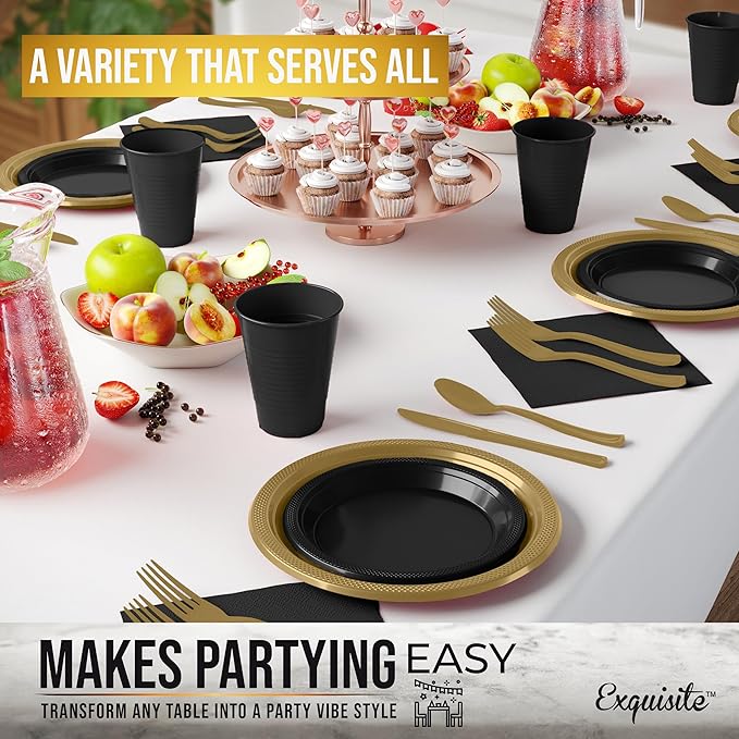 Party Solids 350 Pieces Black & Gold Plastic Plates For Party, Black & Gold Disposable Plates Set, 50 Of Each 9" Dinner Plate Set, 7" Dessert Plate, Cups, Napkins & Cutlery Plastic Dinnerware