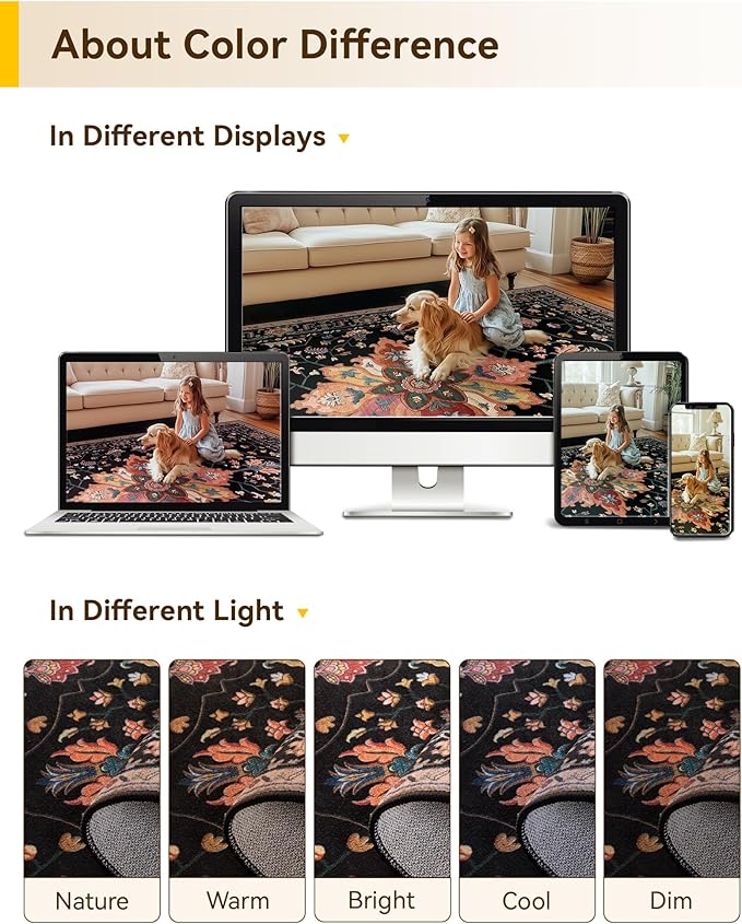 Area Rugs 8ft Washable Non-Slip, Floral Vintage Distress Print Pattern Medallion Carpet for Living Room Bedroom Dining Room, Black Colorful Floral Dark Tan