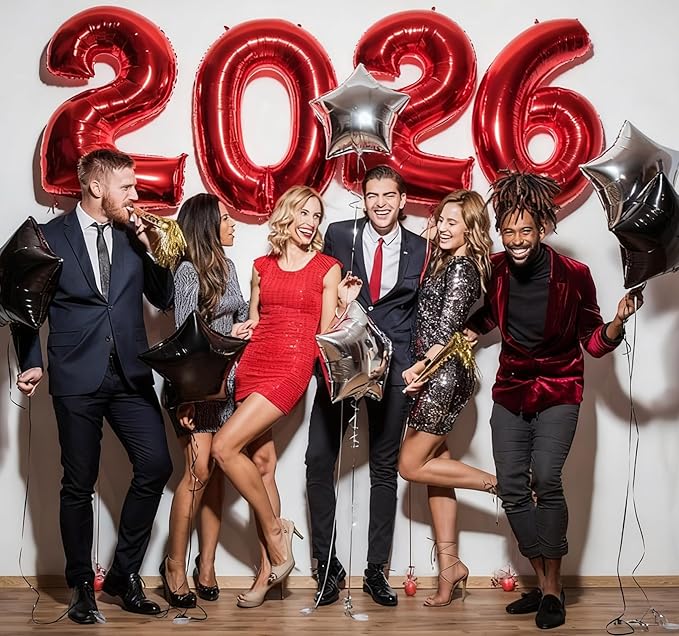 KALOR 42 Inch 2026 Red Foil Mylar Number Balloons, Giant 2026 New Years Decorations for 2026 Happy New Year Eve and Graduations Party Supplies