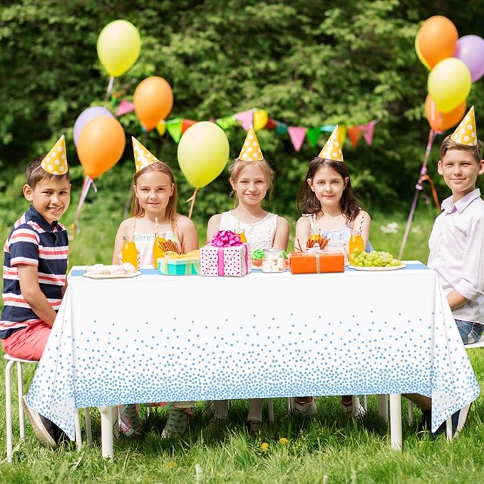 WNINK 4 Pack White and Light Blue Tablecloths, Light Blue Disposable Plastic Waterproof Table Cover, 54" x 108", for Birthday, Baby Shower，Wedding, Bridal Shower, Picnic Camping Parties