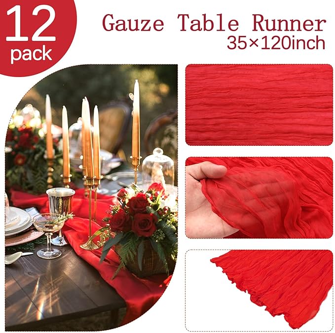 12 Pack Christmas Table Runner Red Cheesecloth Table Runner 10FT Boho Gauze Fabric 35 x 120 Inch Rustic Sheer Runner for Centerpiece Wedding Decor Baby Shower Party Holiday Decoration