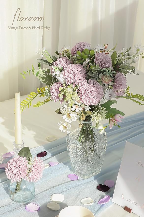 Floroom Artificial Dahlia Flowers 25pcs Real Looking Pale Lavender Foam Fake Roses with Stems for DIY Wedding Bouquets White Bridal Shower Centerpieces Floral Arrangements Party Tables Home Decoration