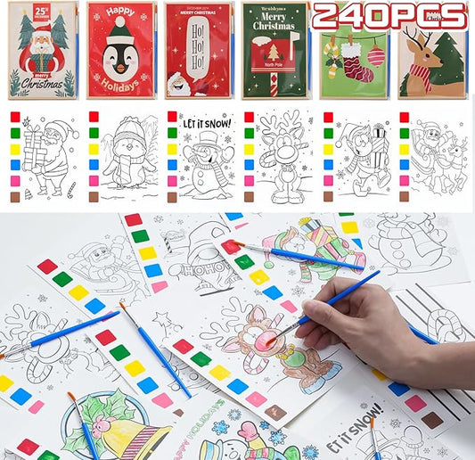 Rotu Christmas Party Favors for Kids - Stocking Stuffers for Kids - Christmas Gifts for Kid, Watercolor Coloring Books with Xmas Cards, Xmas Crafts Classroom Prizes Paint Set, 30 Pack(240 PCS)
