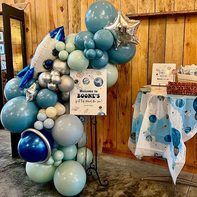 First Trip Around The Sun Balloons Arch Outer Space Astronauts Birthday Party Decorations Royal Blue Gray Beige Dusty Green White Gold Long Balloons Onyx Black Latex Helium Balloon