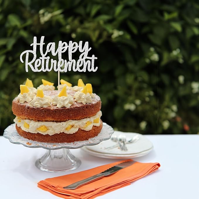 Gyufise Silver Happy Retirement Cake Topper Retirement Cake Decoration Picks for Retired Party Cake Decoration Party Supplies 1 Pack