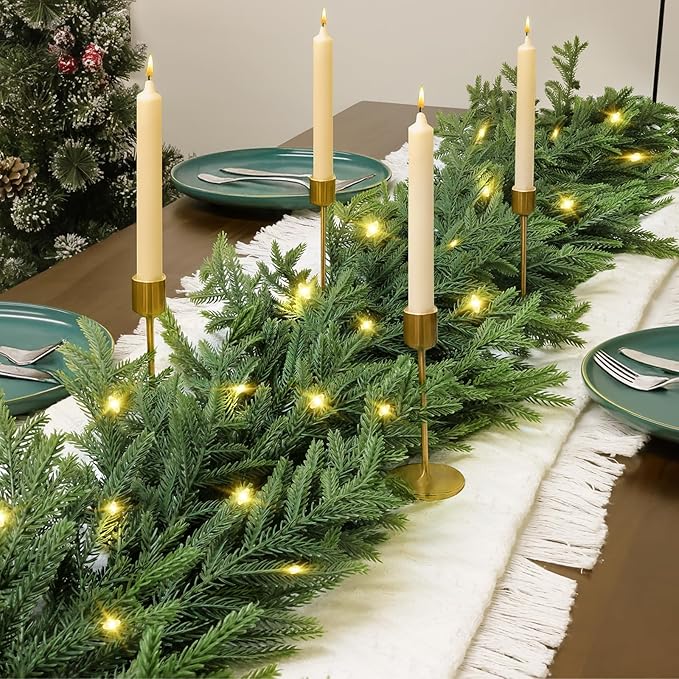 2 Pcs Prelit Christmas Norfolk Pine Garland with Lights, 6FT Battery Operated Real Touch Artificial Green Garlands for Table, Mantle, Stairs, Fireplace, Indoor & Outdoor Xmas Decorations