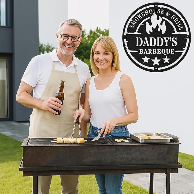 Custom BBQ Grill Metal Sign Personalized Name Wall Art for Outdoor Barbecue Patio Kitchen Backyard Decor Gift for Dad Husband Men Papa Grandpa Father Grilling Enthusiasts Family Lover Funny Gifts 55