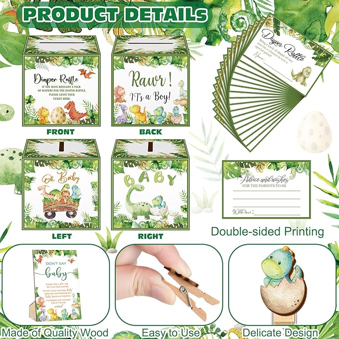 102 Pcs Baby Shower Game Supplies Diaper Raffle Tickets with Diaper Raffle Card Box Don't Say Baby Sign Mini Clothespin Baby Shower Game Decor for Baby Shower Gender Reveal(Dinosaur)