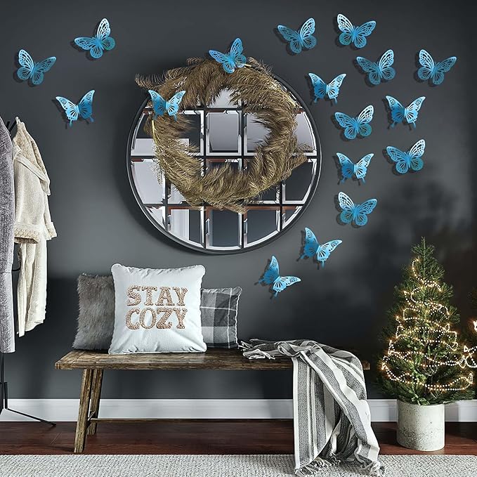 Light Blue Butterfly Decorations, 48Pcs 2 Styles 3 Sizes Butterflies for Grad Graduation Caps Cake Cupcake Toppers, 3D Paper Sticker for Bouquets Birthday Baby Shower Kids Girl Room Wall Nursery Decor