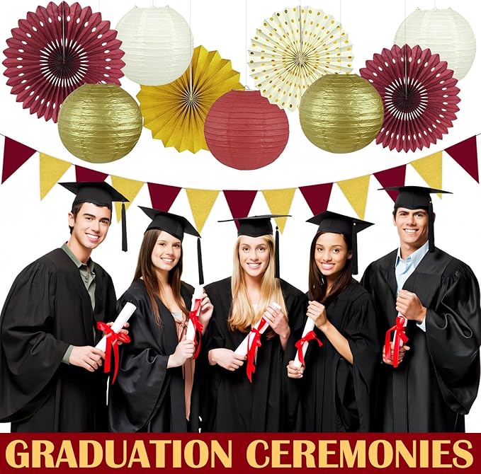 13Pcs Maroon and Gold Party Decorations, Burgundy and Gold Party Decorations Hanging Paper Lanterns Paper Fans for Graduation Baby Shower Birthday Thanksgiving Fall Decor