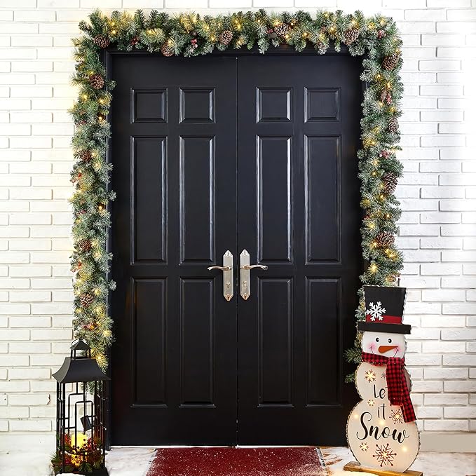 Glitzhome 9ft Prelit Christmas Garland, Glittered Greenery Garland Artificial Pine Garland with Pine Cones Berries, Christmas Garland with Lights and Timer for Mantle, Fireplace, Stairs Decorations