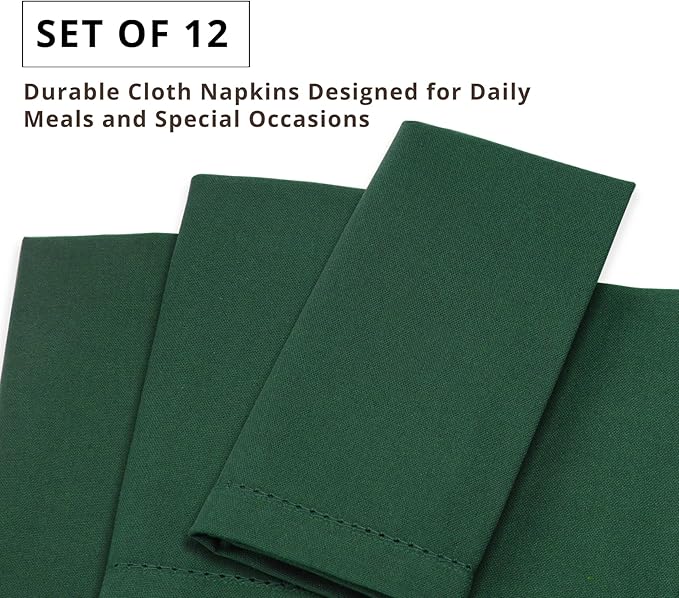 PurpleEssences Set of 12 Hemstitch Cloth Dinner Napkins 100% Cotton - Soft Durable Washable - Ideal for Wedding Fall Thanksgiving - Perfect Everyday Use Table Linen 18x18 - Forest Green