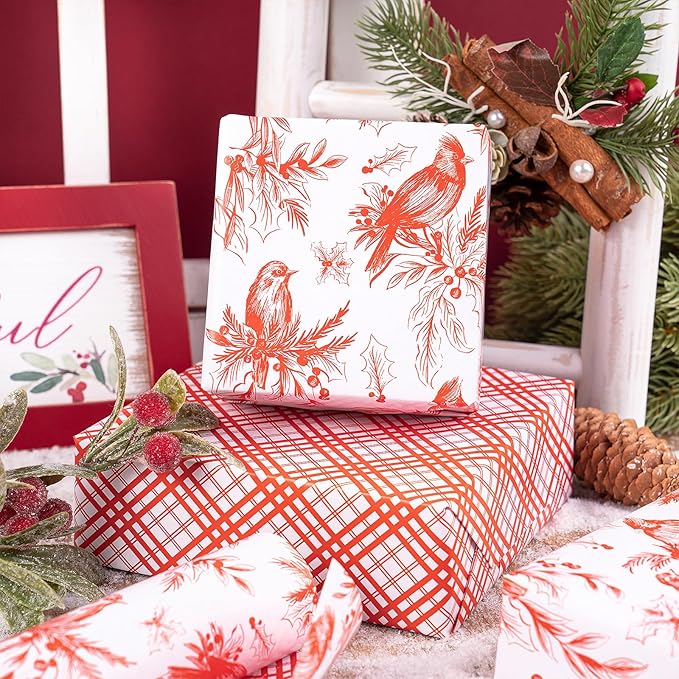 RUSPEPA Reversible Christmas Wrapping Paper Roll, Mini Roll, Vintage Red Botanical Bird and Pinecone Design, Red White Plaid Pattern Gift Wrap Paper for Elegant Holiday Gifts, 17 Inches x 32.8 Feet