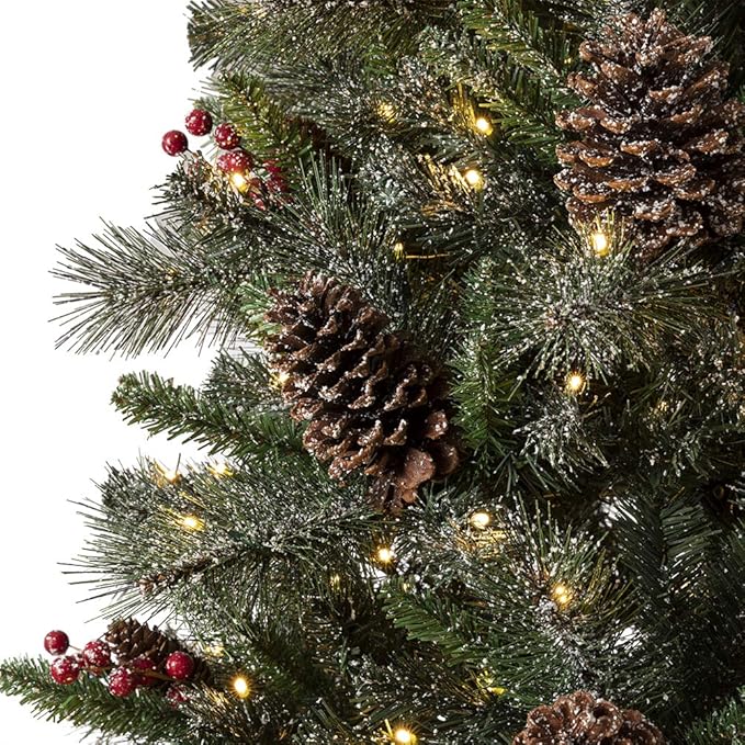 Glitzhome 2 Pack 4ft Pre-Lit Flocked Small Christmas Tree with Pinecones & Berries,100 Warm White Lights, 224 PVC & Pine Needle Mixed Branch Tips, Potted Christmas Tree for Porch Home Office