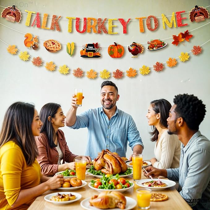 KatchOn, Talk Turkey to Me Banner - 10 Feet, 3 Strings, No DIY | Thanksgiving Turkey Banner for Thanksgiving Decorations, Friendsgiving Decor, Maple Leaf Garland for Party Supplies