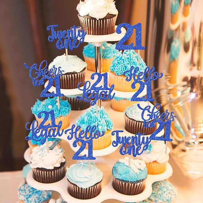 30PCS Happy 21st Birthday Cupcake Toppers Glitter Twenty One Legal 21 Hello 21 Cupcake Picks Cheers to 21 Birthday Decorations for 21st Birthday Anniversary Party Cake Decoration Supplies Blue