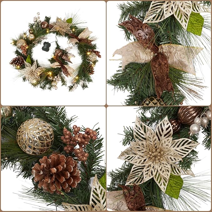 GarveeHome Christmas Garland with Lights for Mantle, 6 ft Pre-Lit Xmas Garland with Brown Ball Ornaments Pine Cones and Ribbon Bows for Fireplace Front Door Window Indoor Outdoor Christmas Decoration