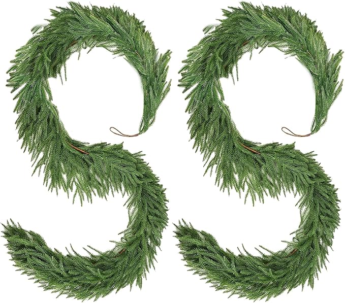 2 Pack Christmas Garland, Real Touch Artificial Norfolk Pine Garland - Realistic PE Greenery for Mantle, Fireplace, Stairs, Indoor Outdoor Holiday Decor (Christmas Garland 9FT)
