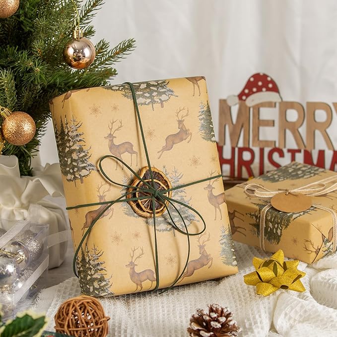 Garbendy Kraft Wrapping Paper Roll - 17 Inch X 32.8 Feet - Reindeer & Christmas Trees Design Printed in Wrapping Paper with Cut Lines on Reverse Perfect for Christmas, Birthday, Baby Shower,Party