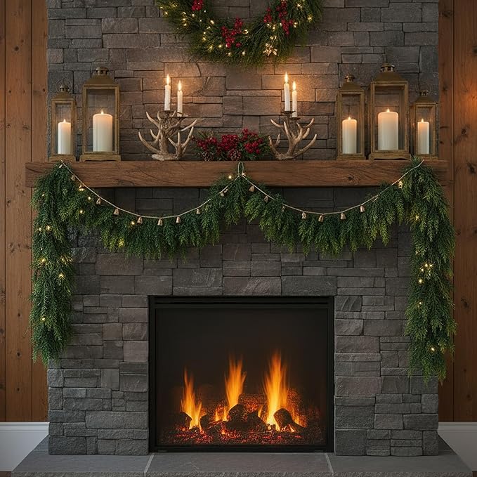 9Ft Real Touch Christmas Cedar Garland, Realistic Full Cedar Garland with Bells Decor, Green Artificial Pine Needles Garlands for Mantel, Fireplace, Stairs Railing, Tables, Christmas Decorations