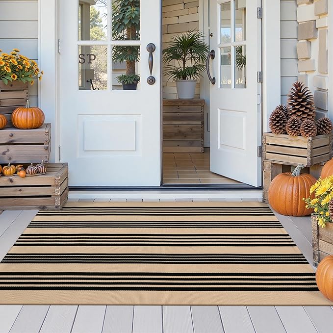 KIMODE Striped Outdoor Rug 3'x 5',Washable Reversible Fall Outdoor Patio Rugs,Cotton Hand Woven Farmhouse Welcome Layered Door Mats for Front Door Entryway Porch Halloween Decor Black and Khaki