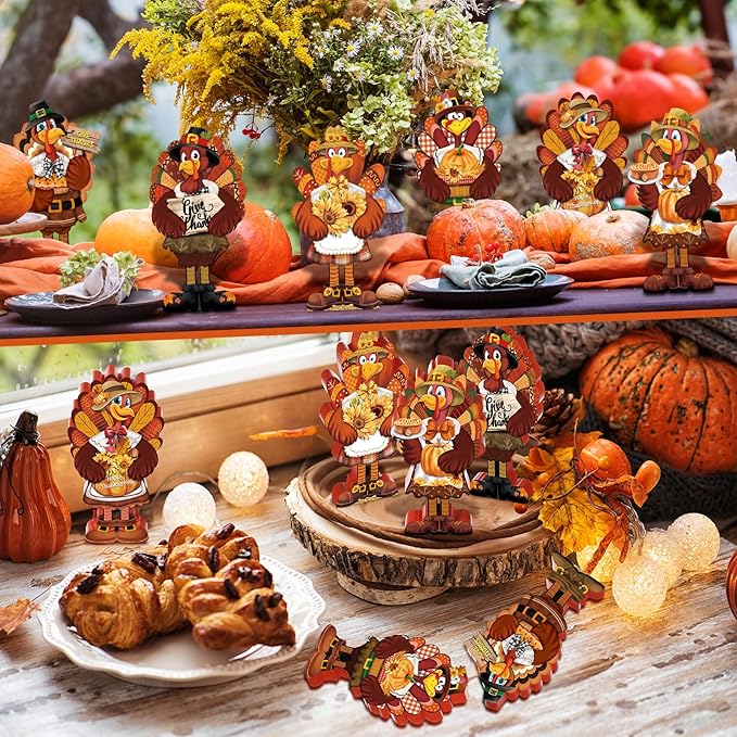 6 Pcs Thanksgiving Turkey Decorations Wooden Turkey Table Centerpieces Fall Tiered Tray Decor Thanksgiving Standing Wooden Block Signs for Home Kitchen Tabletop Shelf Autumn Harvest Party