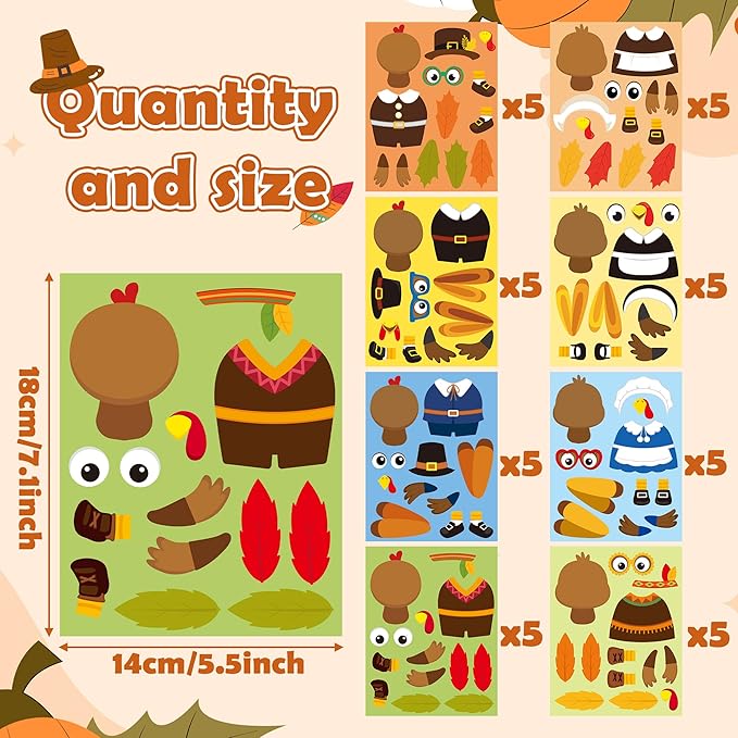 CY2SIDE Thanksgiving Pilgrim Turkey Face Stickers - 40PCS Make Your Own Religious Give Thanks Turkey Stickers Games for Kids, DIY Thanksgiving Gifts for Christian Sunday School Activities Art Project