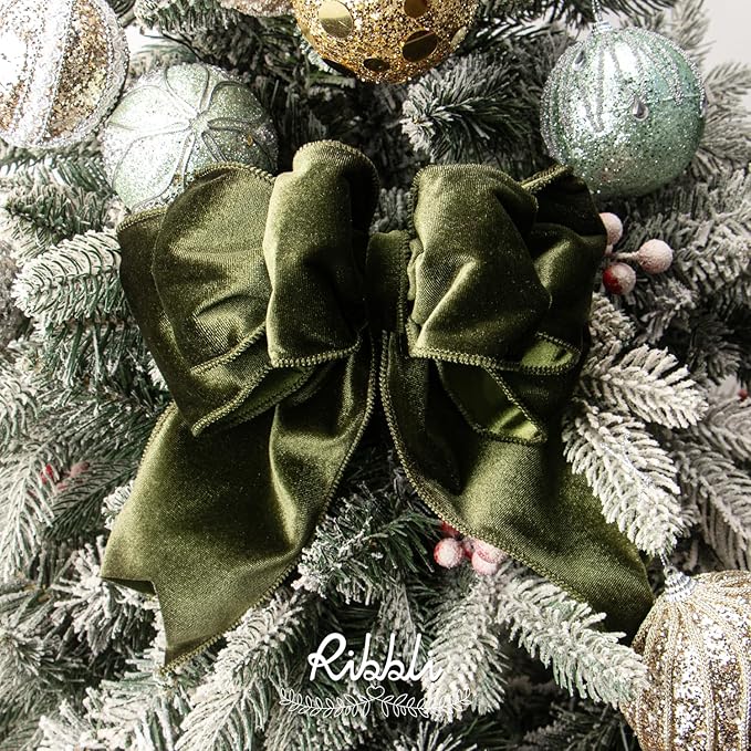 Ribbli Moss Green Velvet Wired Ribbon 4 Inch Velvet with Satin Christmas Ribbon for Gift Wrapping Christmas Tree Decoration Crafts Wreaths Supplies-Continuous 10 Yards