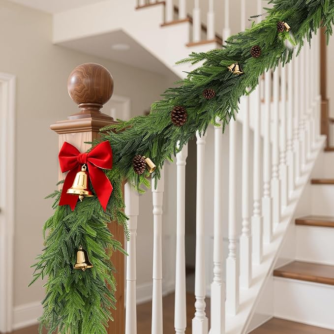 2Pcs 6FT Christmas Norfolk Pine Garland, Realistic Artificial Pine Garland, Real Touch Faux Greenery Christmas Garland for Table, Mantle, Winter Holiday Christmas Decorations Indoor Outdoor