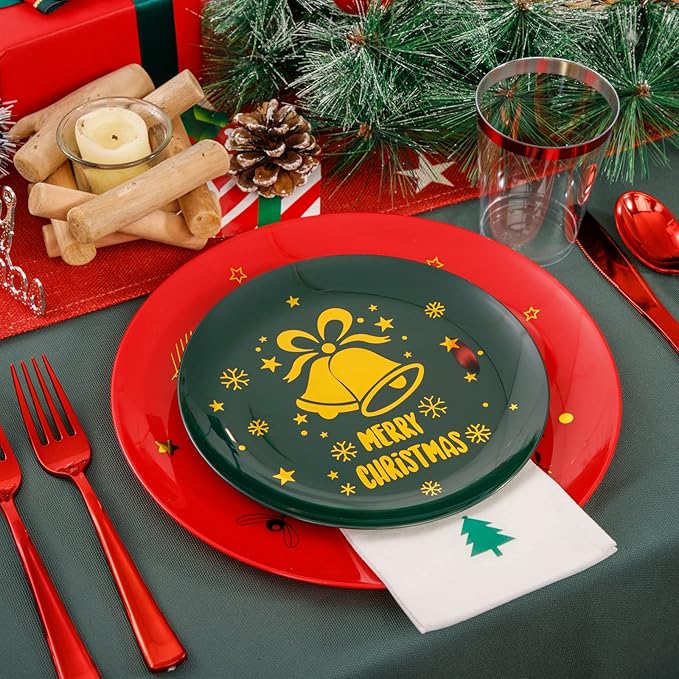 WDF 175pcs Christmas Plates Plastic Disposable - 25Green Plates 25Red Plates with Gold Bells, 75Red Plastic Silverware, 25Clear Cups Red Rim and 25Christmas Tree Napkins for Parties