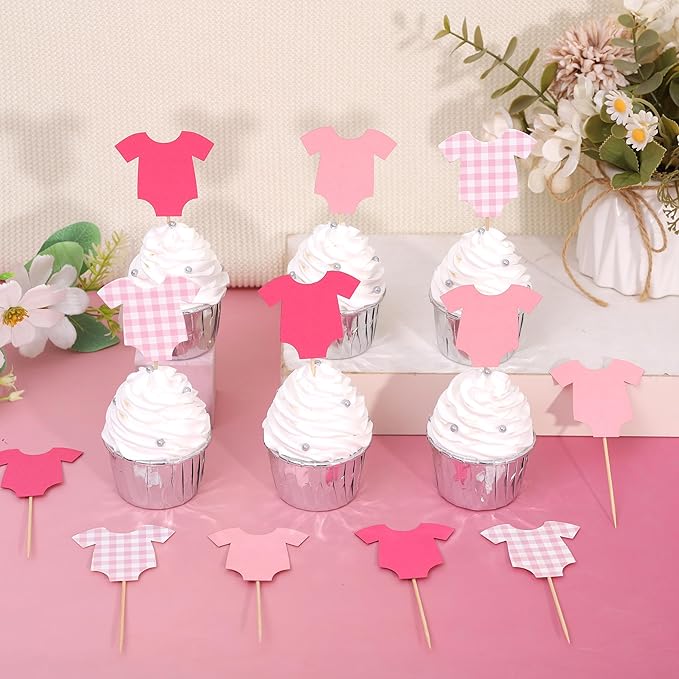 Pink Bodysuit Cupcake Topper - Baby Shower Decoration Pink Gingham Cake Topper,Baby Shower Bunting (pink-topper)