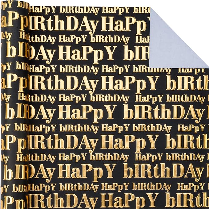 WRAPAHOLIC Jumbo 3D Kraft Birthday Wrapping Paper Roll - 30 Inch x 16.5 Feet - Gold and Black Happy Birthday Wrapping Paper with Embossed Perfect for Holiday, Party Celebration