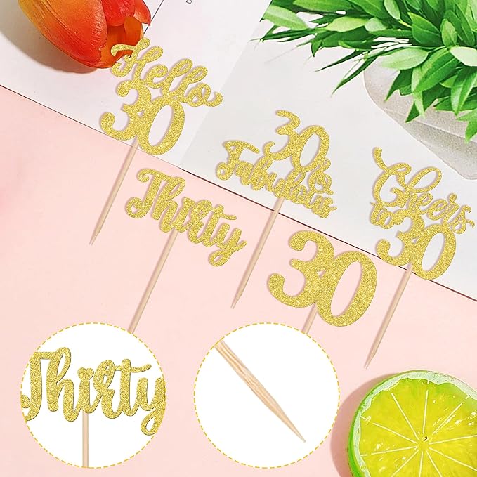 30PCS Happy 30th Birthday Cupcake Toppers Glitter Thirty Cheers to 30 Years Old Birthday Cupcake Picks Hello 30 Fabulous Cake Decorations for Happy 30th Birthday Anniversary Party Supplies Gold