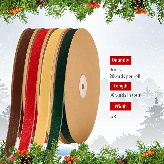 Chuangdi 80 Yards Christmas Velvet Ribbon, 4 Rolls 5/8" Vintage Thin Ribbon for Xmas Gift Wrapping Christmas Tree Wreath Ornaments DIY Crafts Decoration, Deep Red Green Brown Khaki