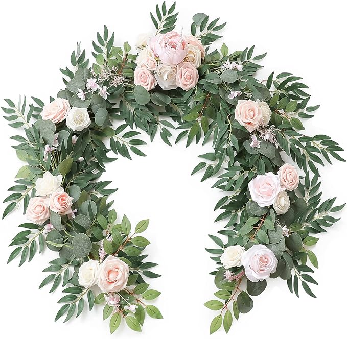 Floroom 6ft Artificial Eucalyptus Garland with Flowers Fake Greenery Faux Floral Vine Garland for Table Decor Wedding Centerpieces Bridal Shower Party Decorations, Blush & Cream