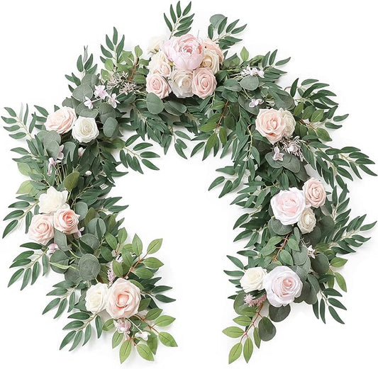 Floroom 6ft Artificial Eucalyptus Garland with Flowers Fake Greenery Faux Floral Vine Garland for Table Decor Wedding Centerpieces Bridal Shower Party Decorations, Blush & Cream