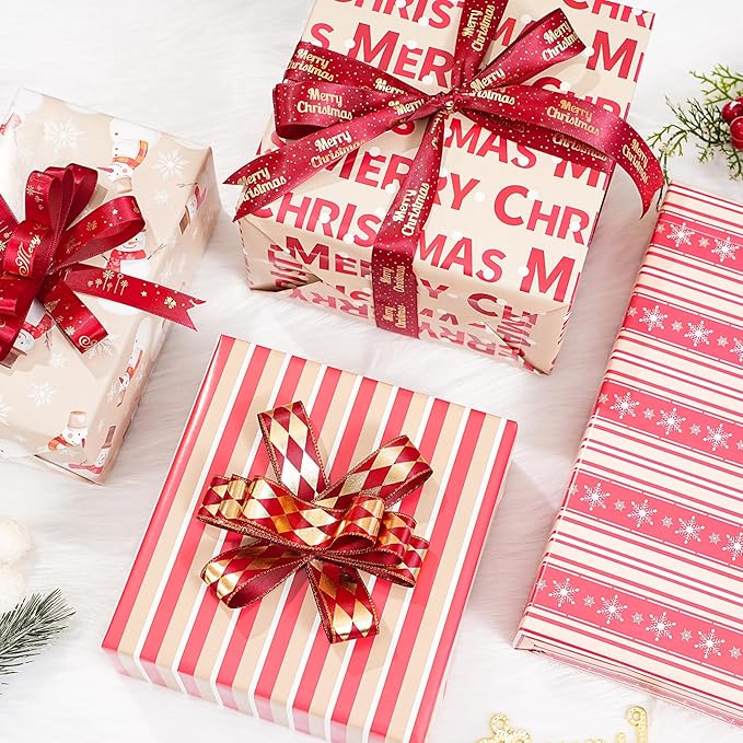 PlandRichW Christmas Wrapping Paper 12 Sheets Folded 20 x 29 Inches for Kids Adults, 4 Gift Wrap Designs Including Merry Christmas, Snowflakes, Snowmen, Red Stripes