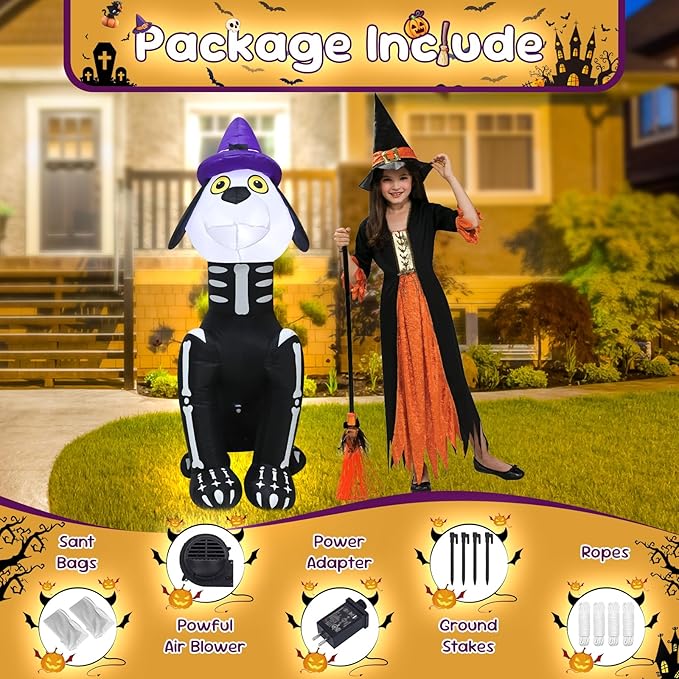 4FT Halloween Skull Dog Inflatable Decoration Blow up Halloween Skeleton Black Dog Decoration with LED Lights Indoor Outdoor Yard Graden Party Holiday Decor