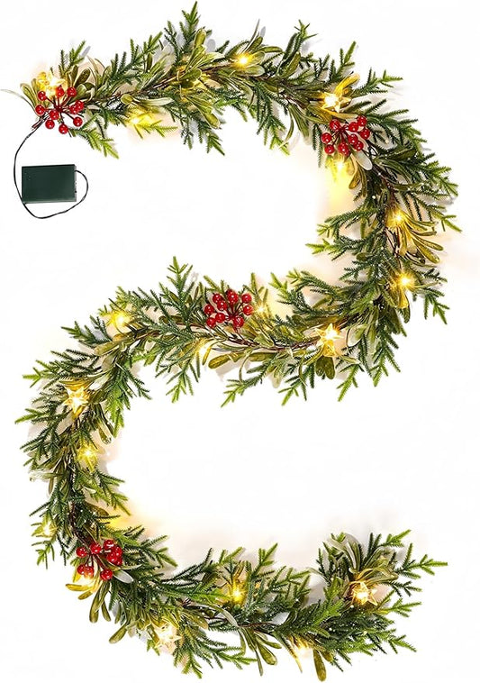 Flopttsu 6FT Prelit Christmas Pine Garland, Artifical Greenery Garland Realistic with Battery Operated Timer,Gold Vines for Mantle Staircase Fireplace Window Ourdoor