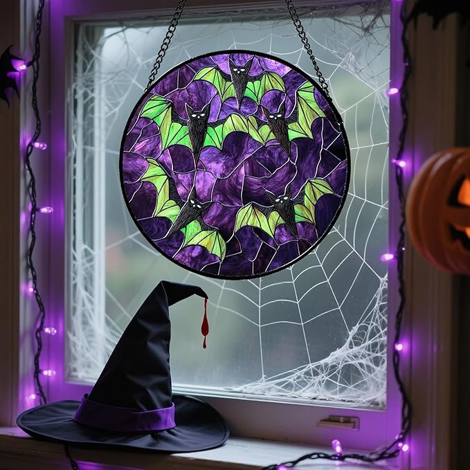 Stained Glass Window Hanging - Halloween Decorations Black Bat with Green Wings Suncatcher for Doors Garden Indoor Spooky Sun Catchers Gothic Decor Horror Gifts for Women Men Friend 15 in