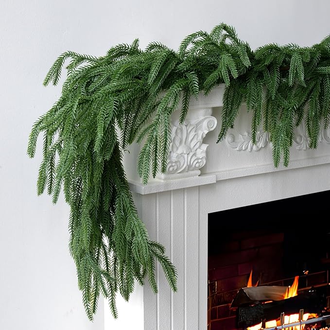 Artificial 6Ft Norfolk Pine Garlands, Christmas Winter Pine Garland, Real Touch Faux Green Greenery Garland for Table, Fireplace, Stairs, Mantle, Window, Indoor, Outdoor Christmas Decorations