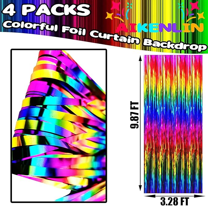 4 Pack Colorful Foil Fringe Curtain Backdrop, 3.2Ft x 9.8Ft Metallic Tinsel Foil Fringe Streamers Curtains for Party, Photo Booth Prop, Birthday, Wedding, Christmas Party Decoration Supplies