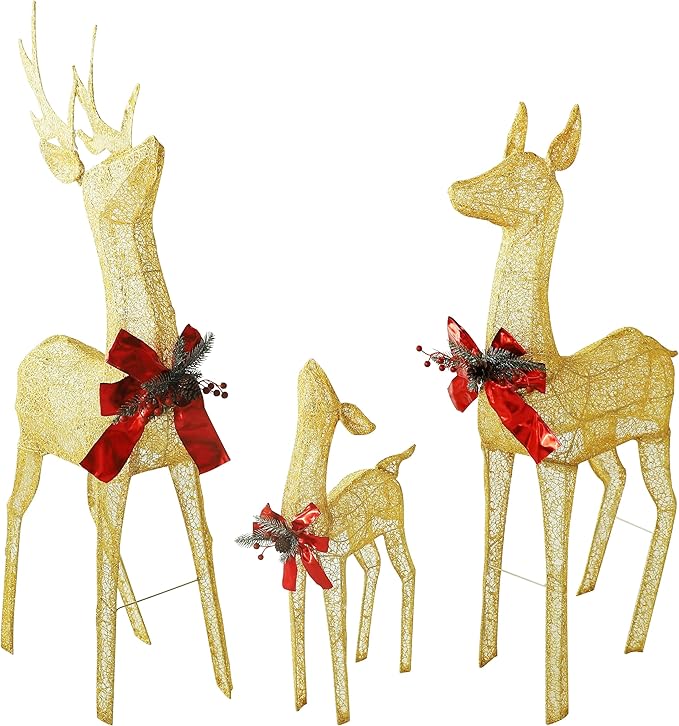 BlueWish Outdoor Christmas Decorations, 3-Piece Golden Christmas Reindeer Decor with Bow Ties, 200 LED Lights, Pre-lit Outdoor Christmas Decor for Garden, Yard, Porch